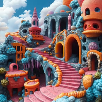 A colorful fantasy castle surrounded by whimsical clouds, abstract shapes, and surreal details, creating a vibrant and imaginative dreamlike scene.