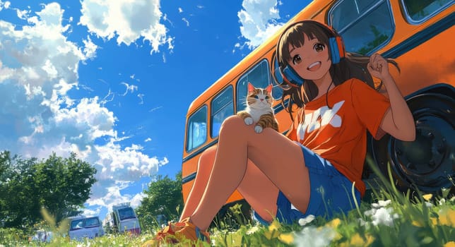 Playful moment: joyful little girl enjoying sunny day, sitting happily with her cat beside bright yellow bus, radiating warmth, innocence, simple pleasures of companionship, sunny adventures