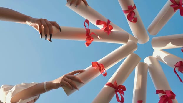 Graduates join their diplomas in a circle against the sky
