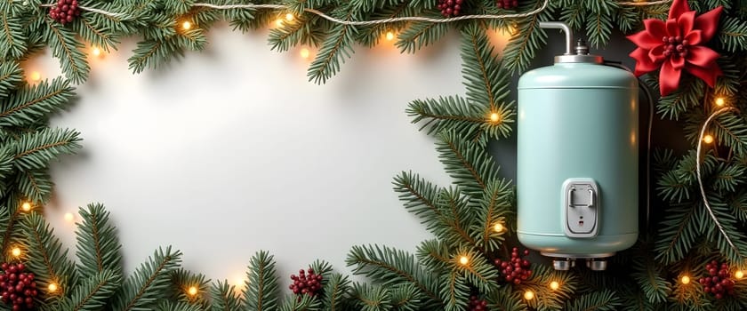 Water heater with fir branches, ornaments, and lights for a cozy Christmas feel