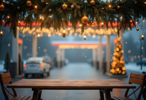 A charming evening scene at a gas station on Christmas Eve, featuring a view of the street illuminated by festive lights. In the foreground, an empty wooden table is beautifully decorated with fir branches, garlands, and sparkling Christmas ornaments. This warm and inviting atmosphere perfectly captures the holiday spirit in a unique setting