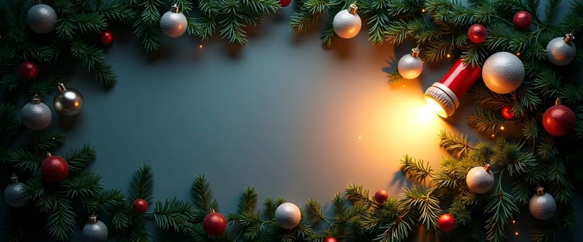 Flashlight with Pine Branches, Ornaments, and Festive Lights Creating a Cozy Christmas Atmosphere