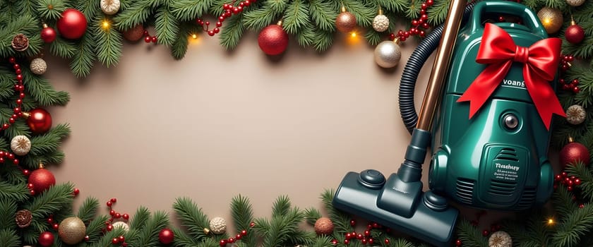 Vacuum cleaner with fir branches, ornaments, and lights for a festive Christmas feel