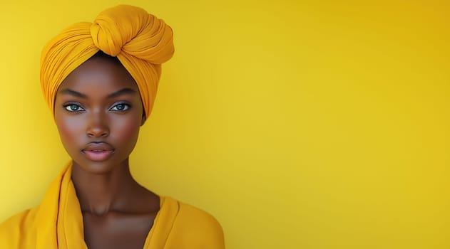 Young woman in a yellow turban on a yellow background. Selective focus.