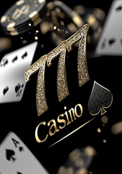 Gambling allure: a dynamic blend of casino elements featuring poker, roulette wheels, chips, and 777, capturing the essence of high-stakes gaming, strategic play, and the pursuit of fortune.