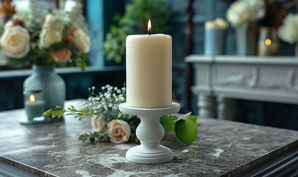 A white candle is on a table in a room. Selective focus.