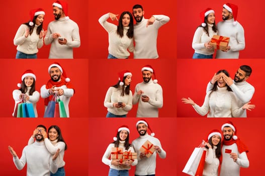 A couple dressed in cozy sweaters and Santa hats share playful moments and gifts in a vibrant red setting. Their joyful expressions capture the spirit of love and celebration for the holidays.