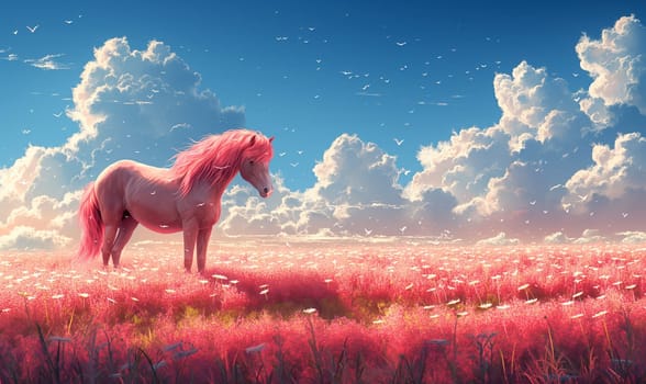 Illustration of pink horse in field. Selective focus.