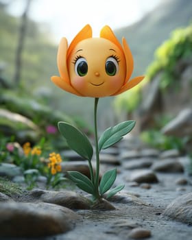 3d cartoon smiling flower on a colored background. Selective focus.