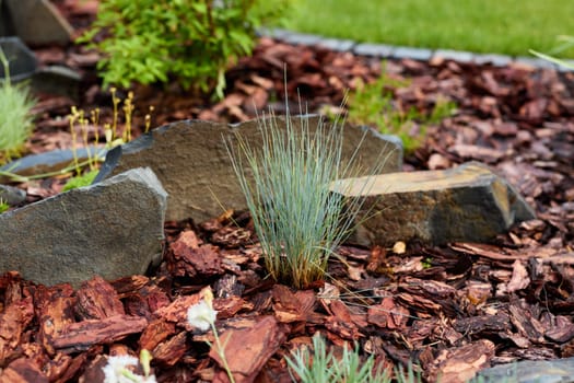 A peaceful garden with vibrant grass, smooth stones, and rich mulch, promoting serenity in modern outdoor design