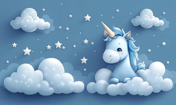 Illustration of white unicorn on clouds background. Selective focus.