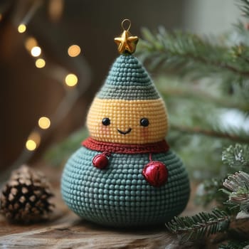 Knitted Christmas tree stands on table. Selective focus.