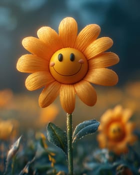 3d cartoon smiling flower on a colored background. Selective focus.