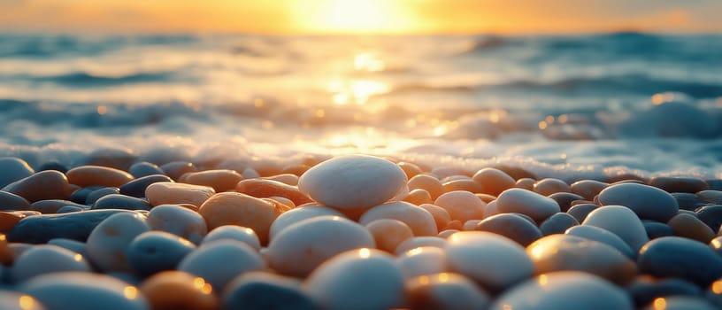 Colorful stone beach on seashore. Selective focus.