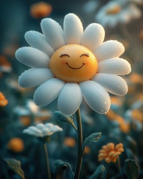 3d cartoon smiling flower on a colored background. Selective focus.
