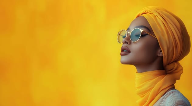 Young woman in a yellow turban on a yellow background. Selective focus.