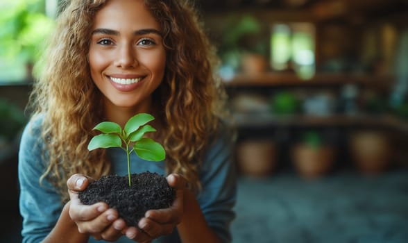 Woman holding a seedling in her hands. Environment concept. Selective focus.