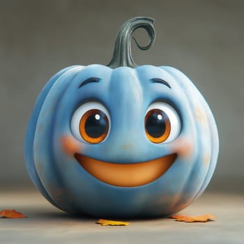 Blue cartoon smiling pumpkin with eyes on a blurred background. Selective focus.