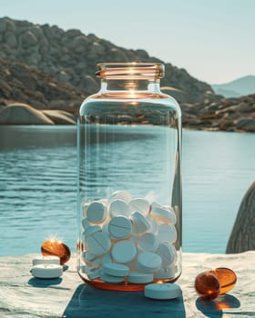 A bottle of pills on an abstract background. Selective focus.