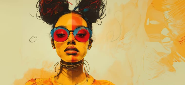 Young woman in glasses on abstract background, fashion design. Selective focus.