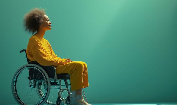 Young girl sitting in a wheelchair on a green background. Selective focus.