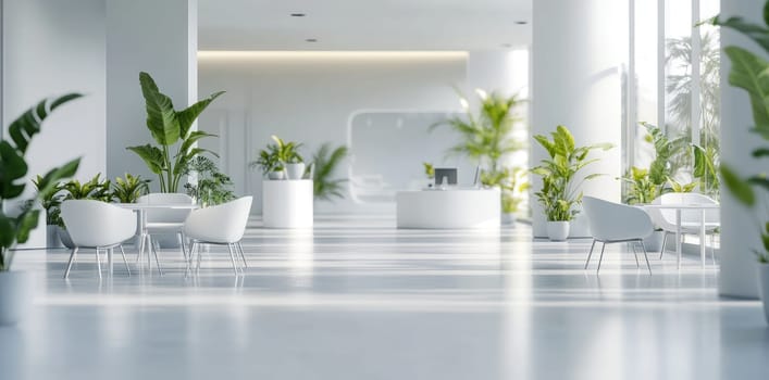 Spacious workspace: bright interior, greenery touch, blank text area, functional layout, peaceful ambiance, natural light, modern aesthetic, serene atmosphere, professional tone, inviting atmosphere