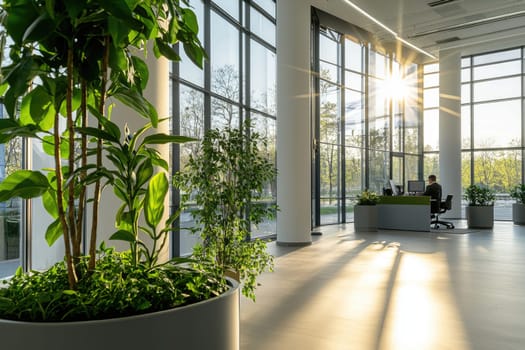 Cosy office: spacious layout, bright lighting, green accents, calming atmosphere, blank text space, modern decor, tranquil environment, natural elements, creative workspace, minimalist design