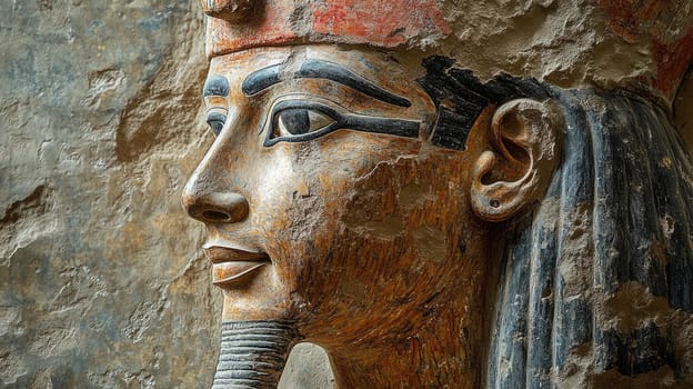 Ancient Egyptian mural: divine figure, pharaoh imagery, sacred artwork, royal icon, historical depiction, religious art, cultural heritage, hieroglyphic style, symbolic representation, regal painting