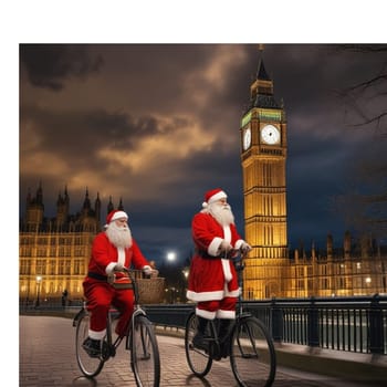 two Santa Claus riding bicycles through the city, Europe London Big Ben night . High quality illustration