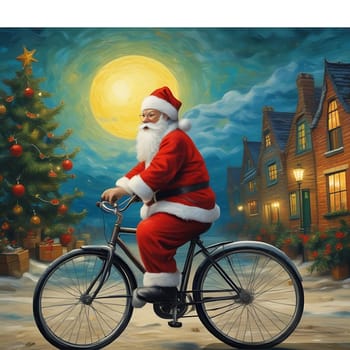 two Santa Claus riding bicycles through the city, Europe London ,tree night . High quality illustration