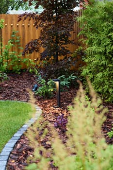 A modern garden with sleek lighting, vibrant greenery, and decorative landscaping that enhances its charm