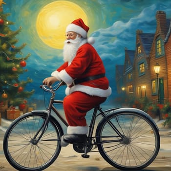 two Santa Claus riding bicycles through the city, Europe London ,tree night . High quality illustration