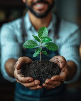 Man holding a seedling in his hands. Environment concept. Selective focus.