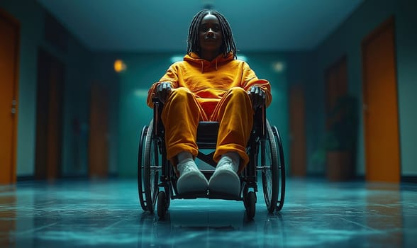 Young girl sitting in a wheelchair indoors. Selective focus.