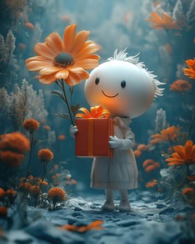 3d cartoon smiling flower on a colored background. Selective focus.