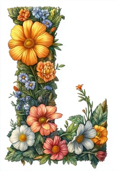 The letter L of colorful flowers on a white background. Selective focus.