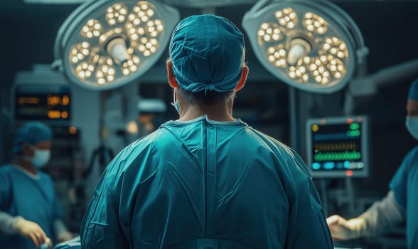 Surgeon in hospital operating room with medical equipment in background, rear view. Selective focus.