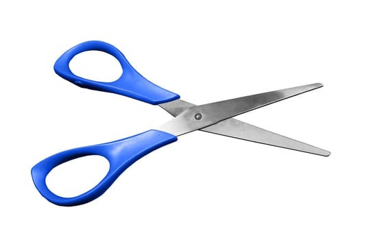 Top view of open blue scissors isolated on white background. High quality png.