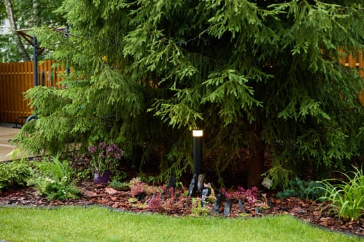 A tranquil garden scene showcasing an array of vibrant plants along with gently glowing LED lighting under a lush tree