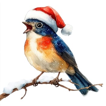 vibrant bird wearing festive Santa hat sings joyfully on snowy branch, capturing spirit of holiday season. Its colorful plumage adds charm to winter scene.