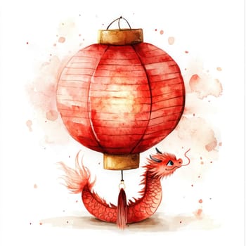vibrant red lantern with whimsical dragon design, showcasing intricate details and playful expression. watercolor effect adds charming touch to this delightful artwork.