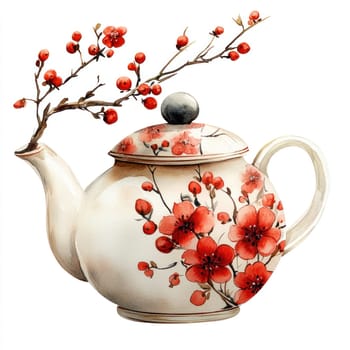 beautiful teapot adorned with vibrant red flowers and branches, showcasing traditional Chinese artistry. This watercolor design captures elegance and cultural heritage.