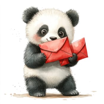 Adorable panda holding red envelopes, showcasing playful and cheerful expression. This charming scene captures essence of joy and curiosity in delightful way.