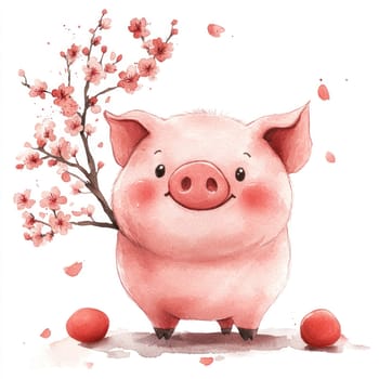 cheerful pig stands amidst pink blossoms, exuding joy and warmth. Its round face and rosy cheeks create delightful scene, perfect for evoking happiness.