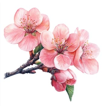 Watercolor painting of peach blossom flowers in soft pink hues, showcasing delicate petals and vibrant details, evoking sense of tranquility and beauty.