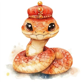 Adorable snake with royal crown, showcasing vibrant colors and charming eyes, perfect for children art or whimsical decor.