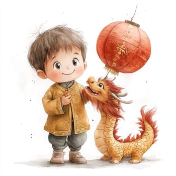 joyful child in traditional attire stands beside friendly dragon, holding red lantern. scene captures whimsical celebration filled with happiness and cultural charm.