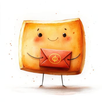 cheerful character resembling gold ingot holds red envelope, radiating joy and warmth. This whimsical design captures playful essence.