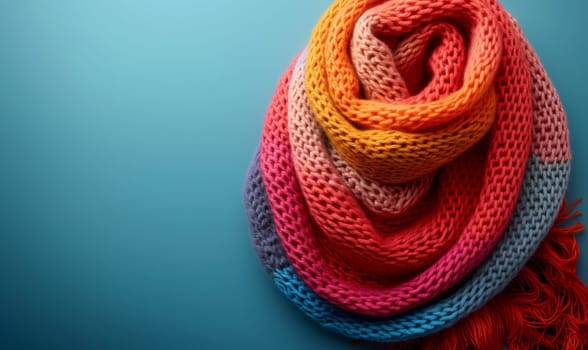 Colorful knitted textures on a light blue background. Selective focus.
