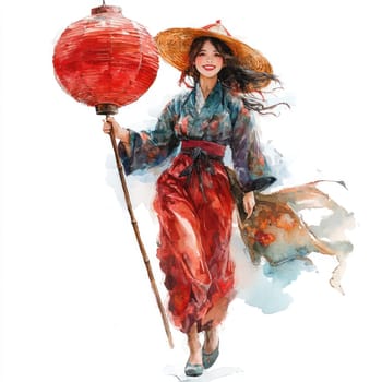 Cheerful performer in traditional attire holding lantern, showcasing vibrant colors and joyful expression. beautiful representation of cultural celebration.